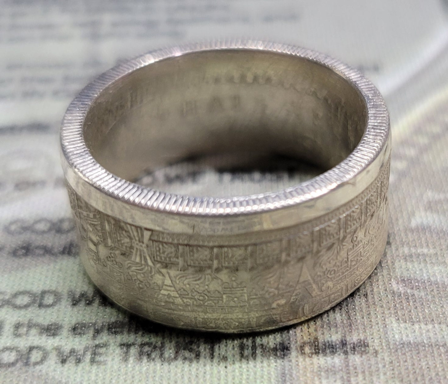 Large Aztec calendar coin ring