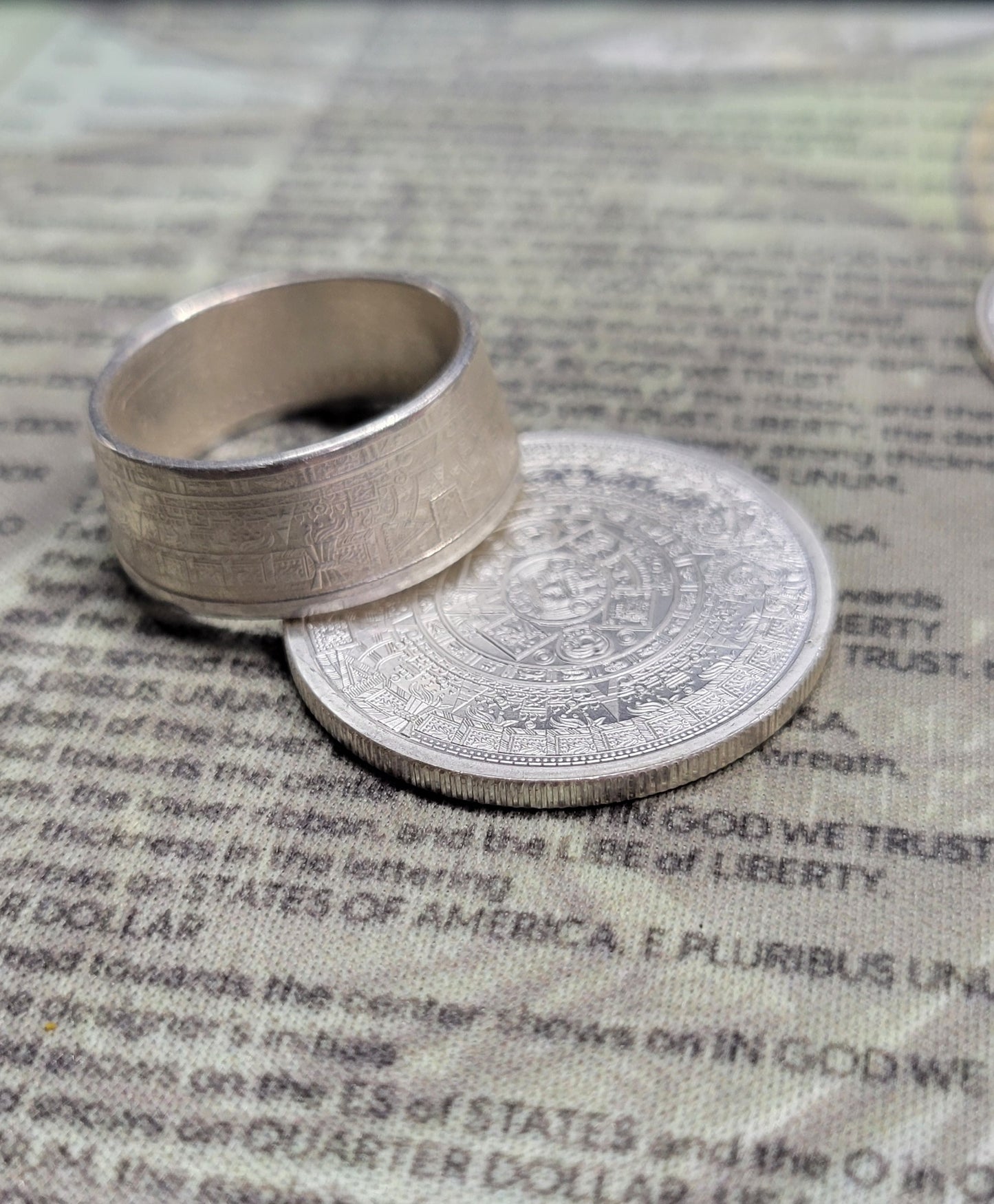 Large Aztec calendar coin ring